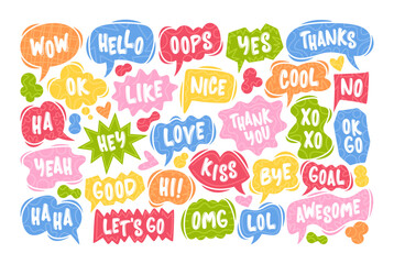 Cute colorful cartoon speech bubbles with romantic, comic text and exclamation phrases for message