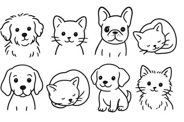 Cute cartoon pets including dogs and cats in various playful and relaxed poses illustrated against a simple background