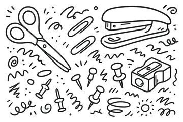 Craft supplies including scissors, a stapler, and paper clips arranged among colorful doodles on a white background
