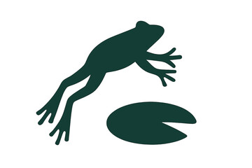 Frog leaps gracefully over a lily pad in a tranquil aquatic environment during daytime