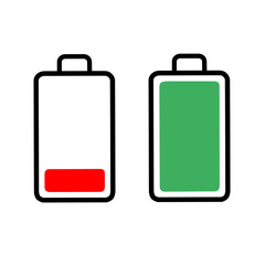 Low Battery & Full Battery Icons: Clear Flat 2D Vector for UI Design – Essential Power Indicators