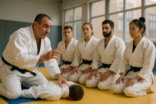 Judo instructor demonstrating a grappling technique while guiding students during an engaging training session in the dojo