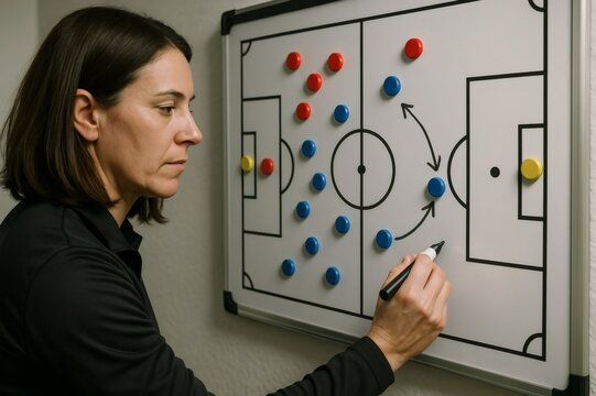 Female soccer coach analyzing game strategy, drawing plays on a whiteboard with magnets representing players