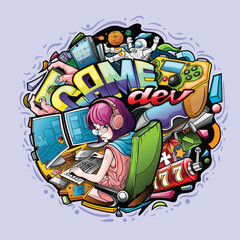 Game development, doodles vector drawings, shows the employees working environment.