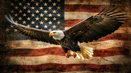 Naklejka premium A bald eagle soaring against a grungy American flag backdrop.