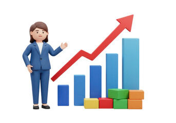 A smiling businesswoman points at a growing bar graph with colorful blocks, isolated on transparent background
