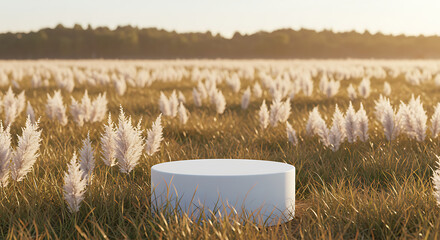 White Cylindrical Display Platform in a Field of Pampas Grass.