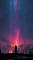 Obraz premium Majestic Cityscape at Night with Colorful Light Show in Sky