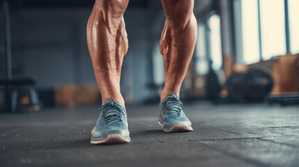 Calves Muscle. Trained Legs with Muscular Calves in Sneakers at Training Gym for Hard Fitness and Crossfit Workout