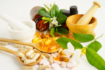 Alternative medicine herbal organic capsule with vitamin E omega 3 fish oil, mineral, drug with...