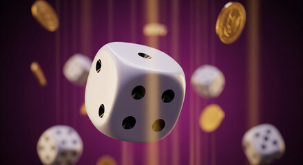 White dice with black dots falling against a purple background with gold coins, symbolizing chance, luck, and gambling