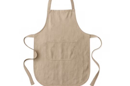 Beige kitchen apron with central pocket isolated on transparent background, perfect for cooking and baking