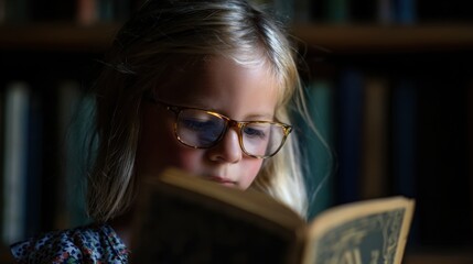 Young blonde girl with tortoiseshell glasses engrossed in reading an open book, wearing a floral-patterned top, surrounded by a bookshelf filled with various books in warm soft lighting.