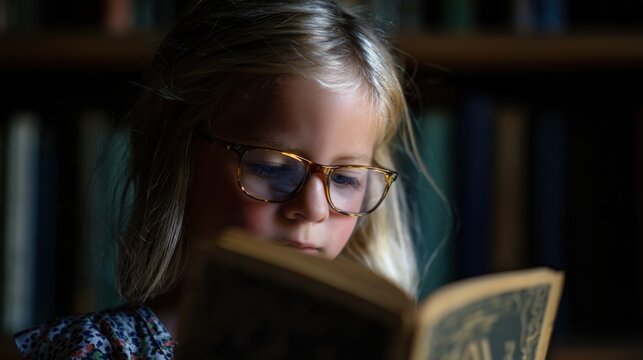 Young blonde girl with tortoiseshell glasses engrossed in reading an open book, wearing a floral-patterned top, surrounded by a bookshelf filled with various books in warm soft lighting.