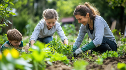 A family working together to clear weeds and plant vegetables in a community garden, with gardening tools and green plants in the background. —ar 16:9 
