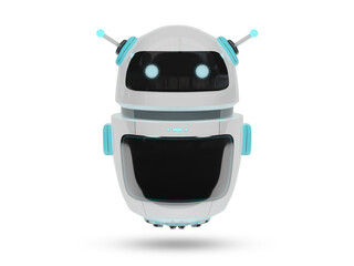 Chatbot isolated on transparent background. Cut out cute robot with glossy metal parts and glowing elements