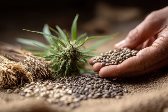Cannabis Processing: Detail of Hemp Sativa Seed, Leaf, Branch and Stem in Drying Process