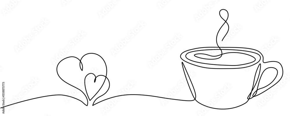 Poster one continuous line drawing of coffee or tea cup and two heart on transparent background. minimalist