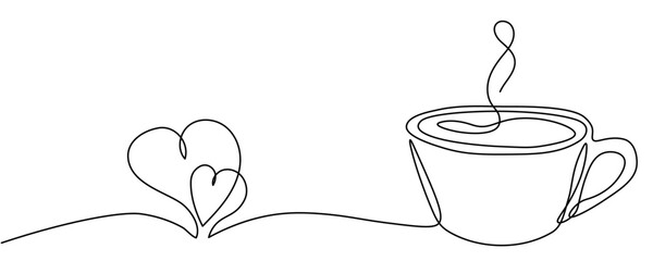 One continuous line drawing of coffee or tea cup and two heart on transparent background. Minimalist line art design for cafe or restaurant menu, web banner. Editable stroke. Vector Illustration
