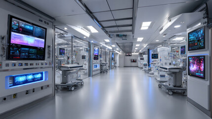 Fototapeta premium High-tech hospital interior featuring advanced diagnostic equipment, touchscreen control panels, and integrated monitoring systems, sleek and futuristic medical setting