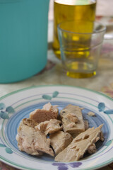 homemade tuna fillets on ceramic plate