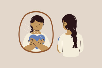 Illustration of Woman Embracing Herself in Mirror