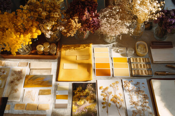 Dried flowers and yellow color swatches on a sunlit table