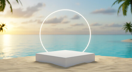 White Podium with Neon Ring on Tropical Beach.