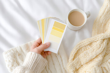 Female hand holding yellow paint swatches on cozy bed with coffee