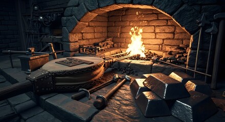 An old blacksmith shop depicts a blazing furnace with metal bars, bellows, and tools ready for crafting fine steel items.