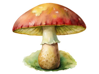 Watercolor Red Mushroom Illustration with Green Base on Transparent Background, Watercolor Clipart Illustration With Isolated Background..
