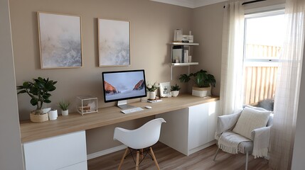 Soft Taupe Wall Color Clean Office Background Neutral Decor Details Simple Work Desk Muted Scandi Styling Real Estate Ready