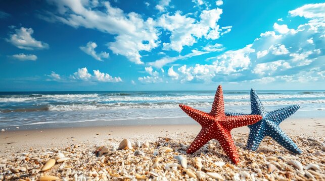 Two vibrant starfish on a sandy beach with a blue sky and white clouds.