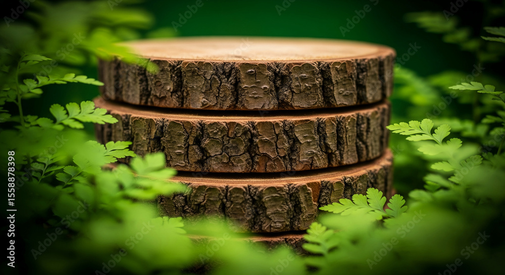 Poster stacked wood slices, showcasing natural wood grain texture, surrounded by green foliage, creating a 