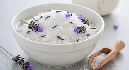 White Salt with Lavender Blossoms in a Bowl.