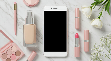 White Smartphone with Blank Screen on Marble Surface Surrounded by Cosmetics.