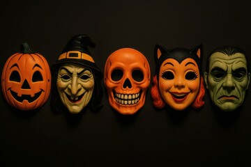 Five Halloween masks hanging on a black background, including a pumpkin, a witch, a skull, a black cat and Frankenstein