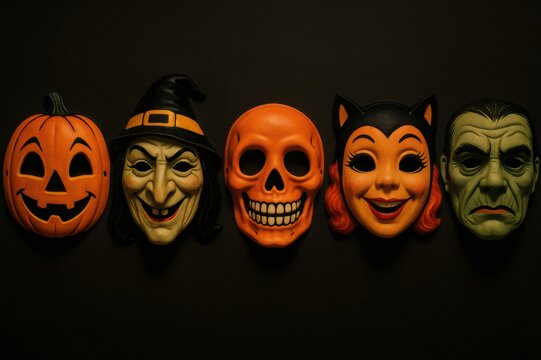 Five Halloween masks hanging on a black background, including a pumpkin, a witch, a skull, a black cat and Frankenstein