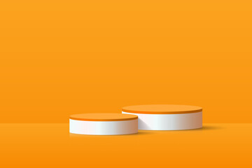 3D product Minimal display stand. Orange and white cylinder stand podium on orange background. Abstract geometric shapes in a simple design. Fashion stage mockup scene. Studio product display stand.