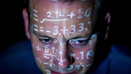 A man's face, illuminated by projected mathematical formulas, shows deep concentration and mental strain - Powered by Adobe