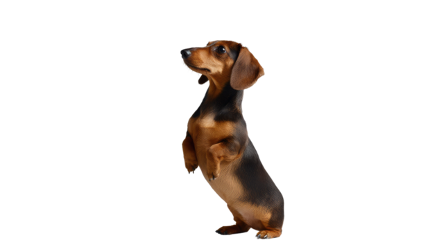 Playful Dachshund: A charming dachshund standing upright, its short legs and long body on full display, with an adorable expression showcasing its unique breed characteristics