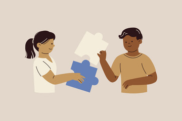 Illustration of Children Solving Problem with Puzzle Pieces