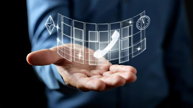 A man holds a holographic interface with phone, crypto, and clock icons, symbolizing future communication technology - Powered by Adobe