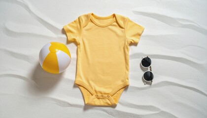 Flat lay of a pale yellow baby bodysuit, mini beach ball, and tiny sunglasses aligned 