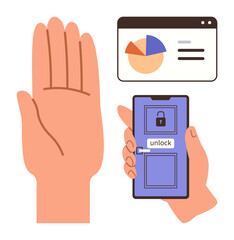 Hand gesture used for biometric unlocking on smartphone screen with padlock symbol, data chart in background. Ideal for technology, security, access control, privacy, innovation, data analysis