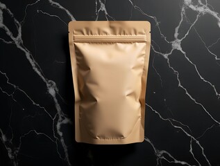Packaging of a brown pouch on a dark marble surface suitable for food items or other products presented in a minimalistic style