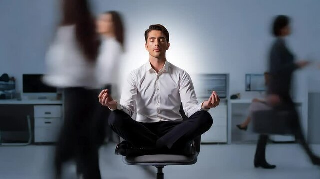 A man meditates on an office chair, finding calm and focus amidst the blurred motion of a hectic workplace