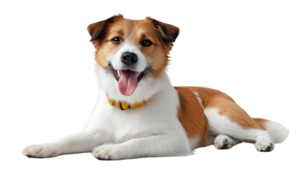 Happy Dog: A cheerful, happy dog lying down, displaying a joyful expression with tongue out, wearing a yellow collar.