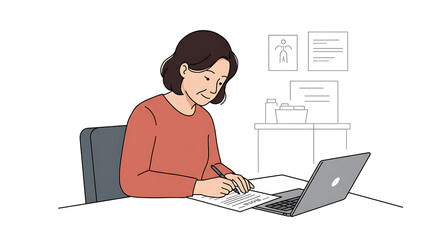 Woman Filling Out Form at Desk with Laptop.