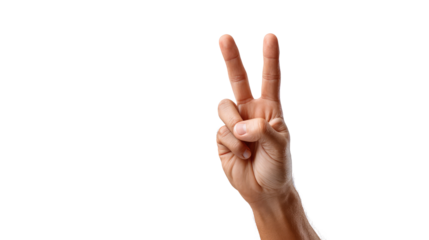 Hand gesture of peace and victory: A close-up shot of a human hand displaying the "V" sign, a universally recognized symbol of peace and victory.